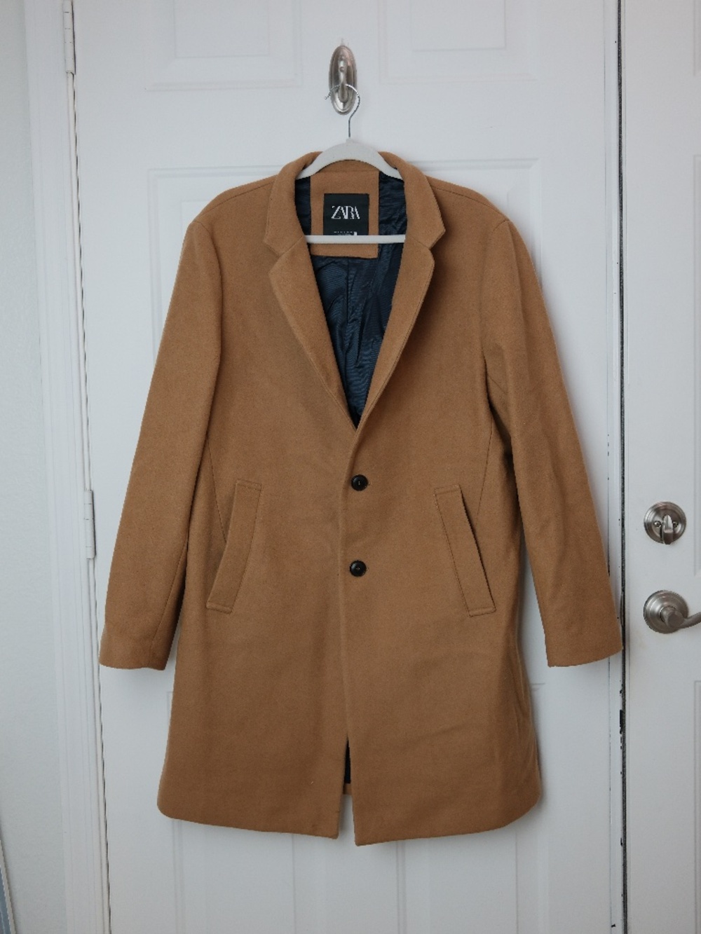 Zara Men Overcoat Size XL Camel Brown Single Breasted Topcoat Made Portugal